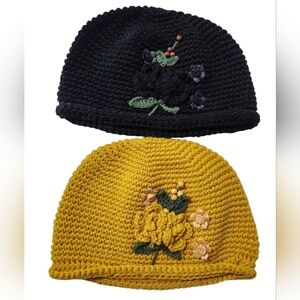 TWO Knit Beanies with Floral Bead Design Like New!